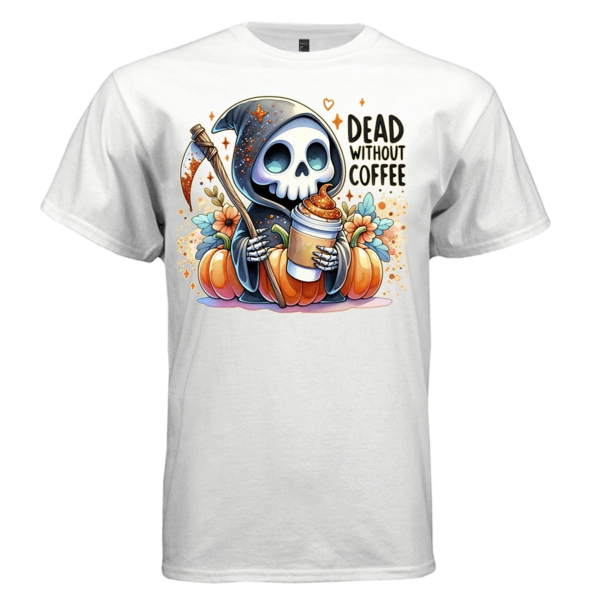 DEAD WITHOUT COFFEE graphic tee pink front, cute pumpkin fall coffee reaper tee for her Project Hood