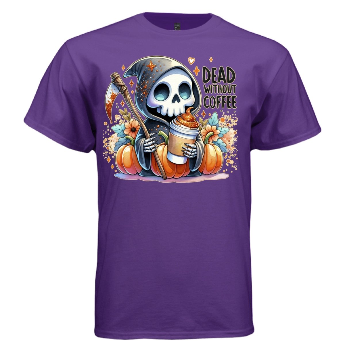 DEAD WITHOUT COFFEE graphic tee black front, cute goth reaper pumpkin fall coffee tee Project Hood