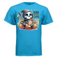DEAD WITHOUT COFFEE graphic tee light steel front, cute reaper pumpkin fall coffee tee Project Hood