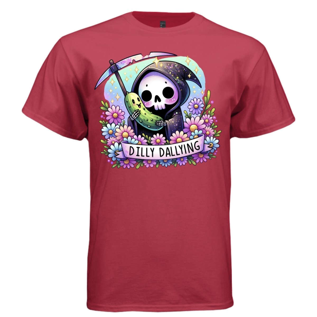 DILLY DALLYING graphic tee navy front, cute pickle and daisies goth tee for her Project Hood