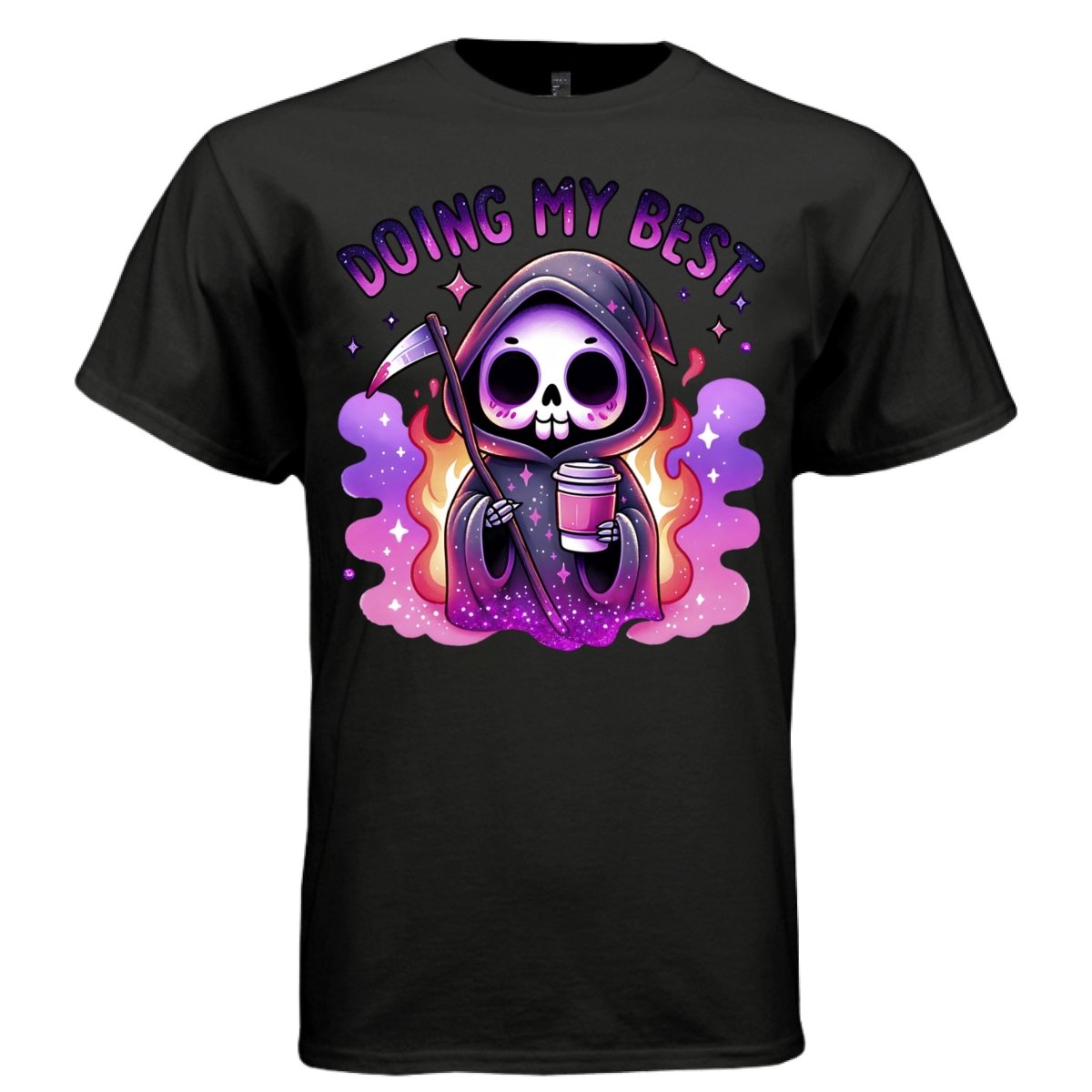 DOING MY BEST graphic tee sand front, cute pastel goth coffee and flames tee Project Hood