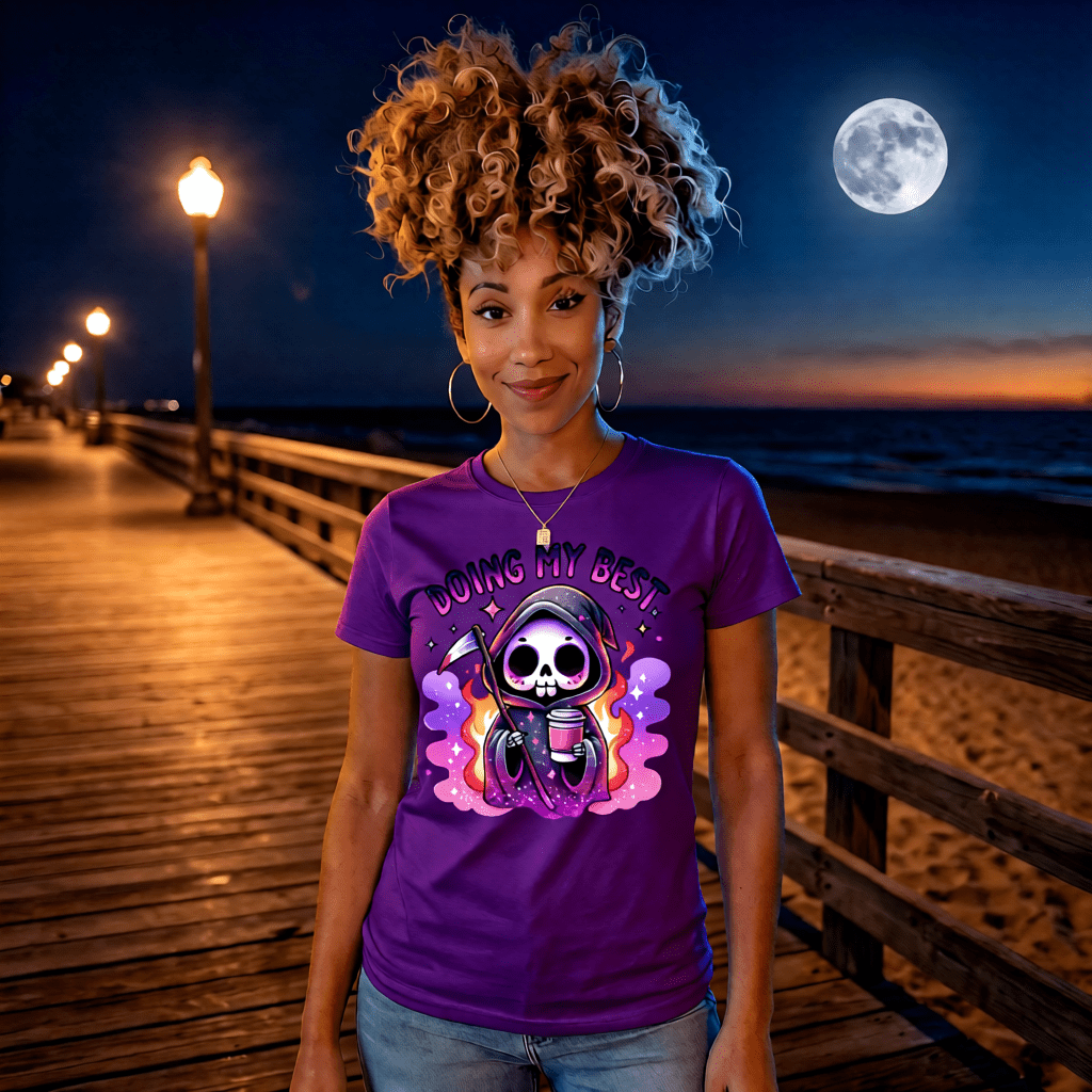 DOING MY BEST cute pastel goth reaper coffee and flames graphic tee for women Project Hood