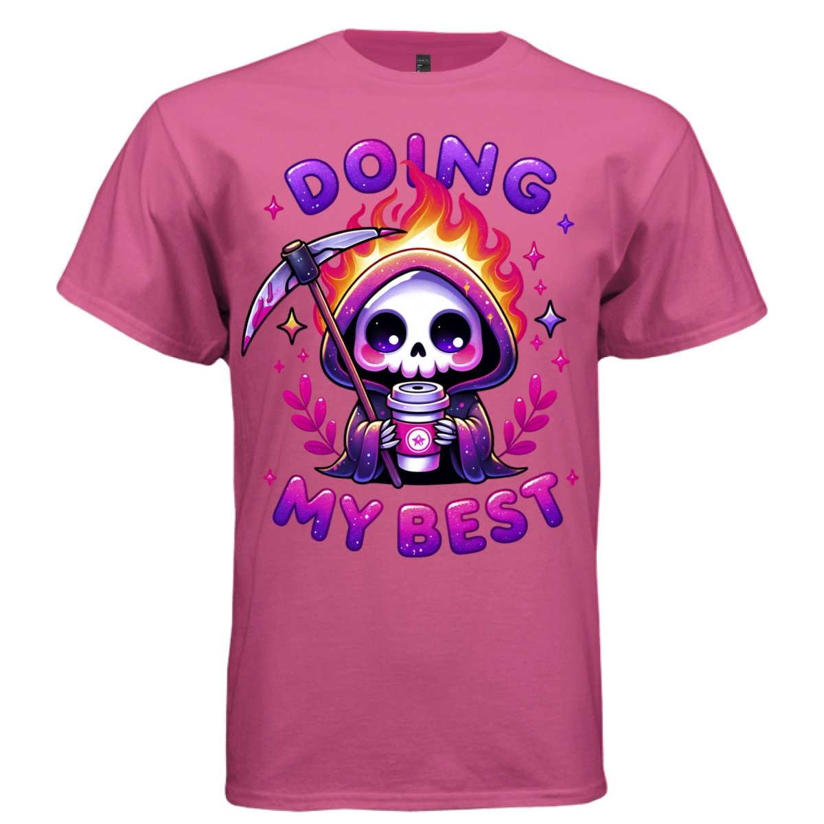DOING MY BEST graphic tee white front, cute reaper galaxy coffee tee for women Project Hood