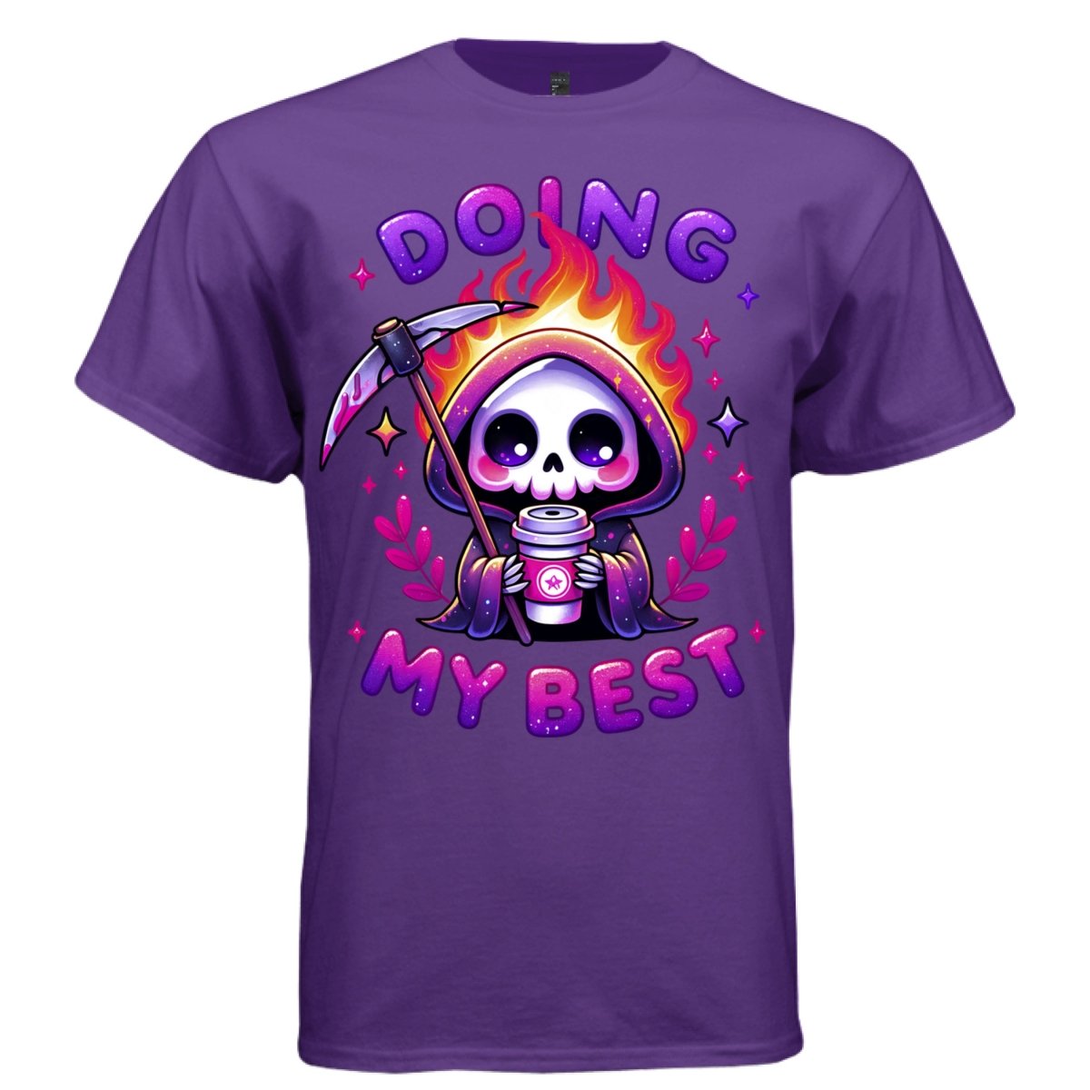 DOING MY BEST graphic tee black front, cute goth reaper galaxy coffee tee Project Hood