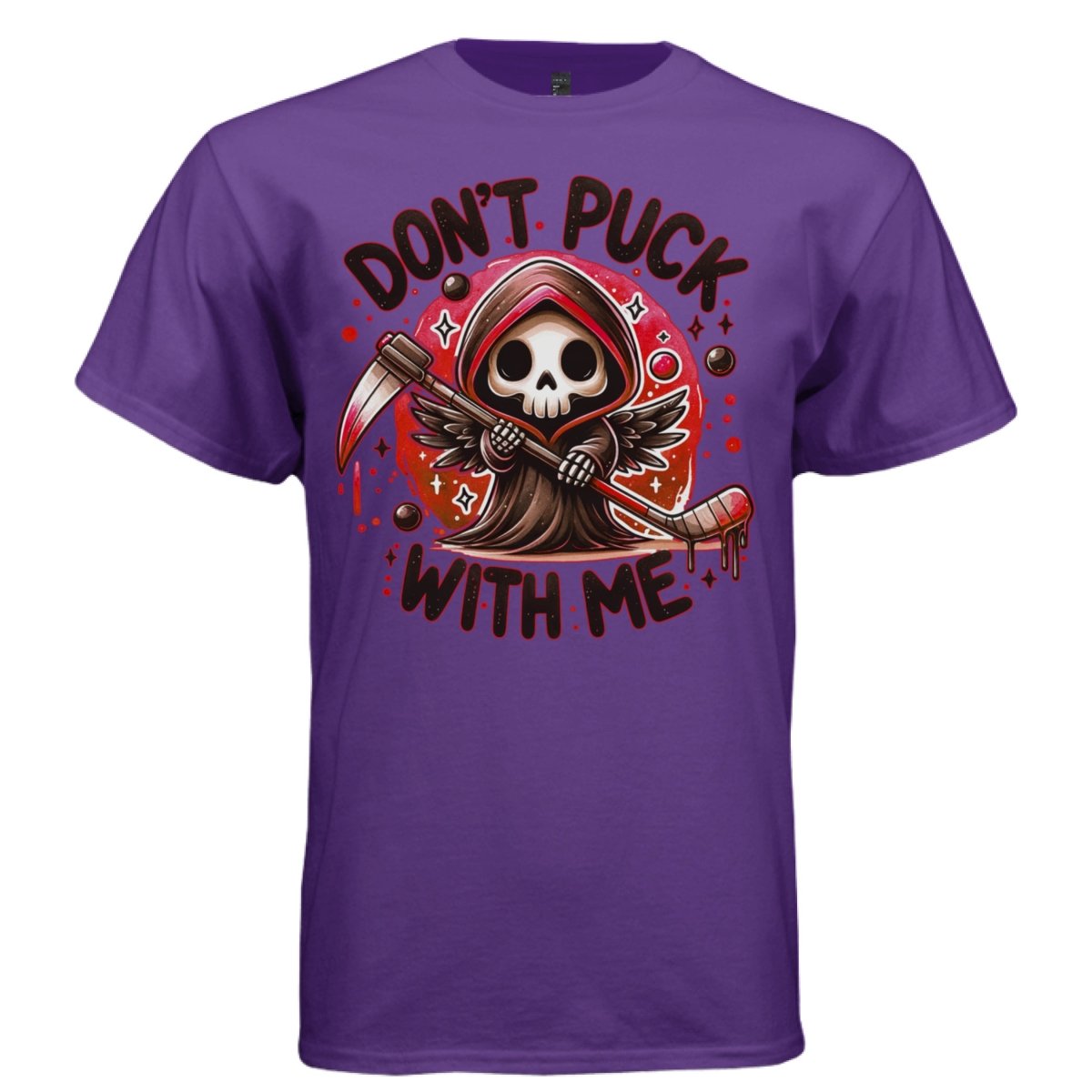 DON'T PUCK WITH ME graphic tee black front, cute goth reaper red hockey tee Project Hood