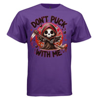DON'T PUCK WITH ME graphic tee black front, cute goth reaper red hockey tee Project Hood