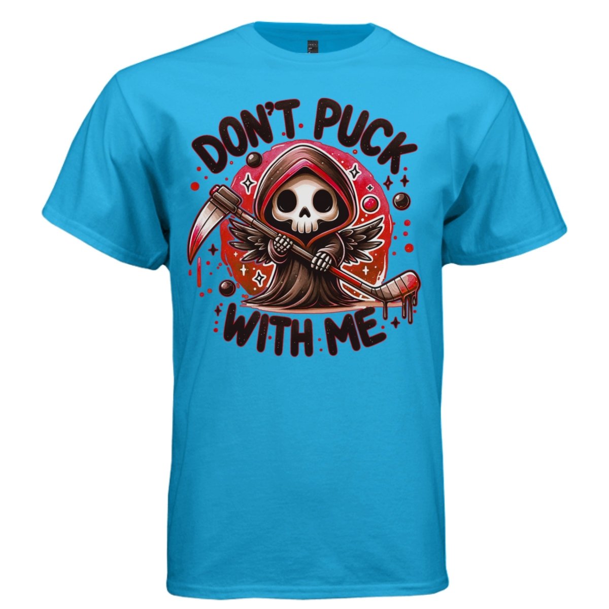 DON'T PUCK WITH ME graphic tee light steel front, cute reaper red hockey tee Project Hood