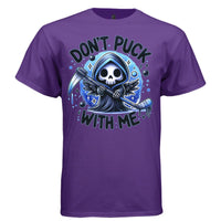 DON'T PUCK WITH ME graphic tee black front, cute goth reaper blue hockey tee Project Hood