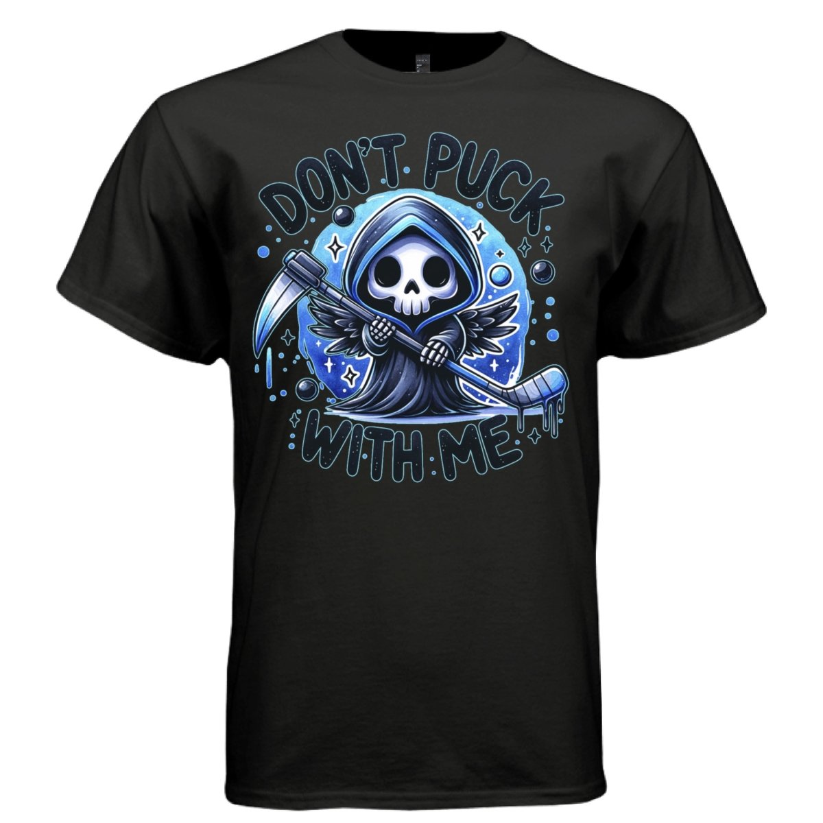 DON'T PUCK WITH ME graphic tee sand front, cute pastel goth blue hockey tee Project Hood
