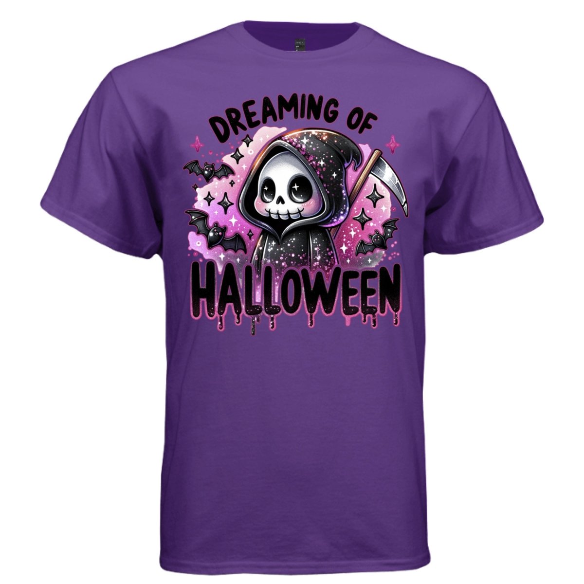 DREAMING OF HALLOWEEN graphic tee black front, cute goth reaper bats and stars tee Project Hood
