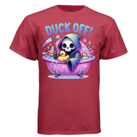 DUCK OFF graphic tee navy front, cute bathtub and ducks goth tee for her Project Hood