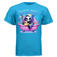 DUCK OFF graphic tee light steel front, cute reaper bathtub and ducks tee Project Hood