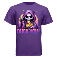 DUCK YOU graphic tee black front, cute goth reaper rubber duck tee Project Hood
