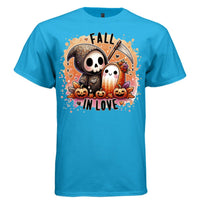 FALL IN LOVE graphic tee light steel front, cute reaper ghost and pumpkins tee Project Hood