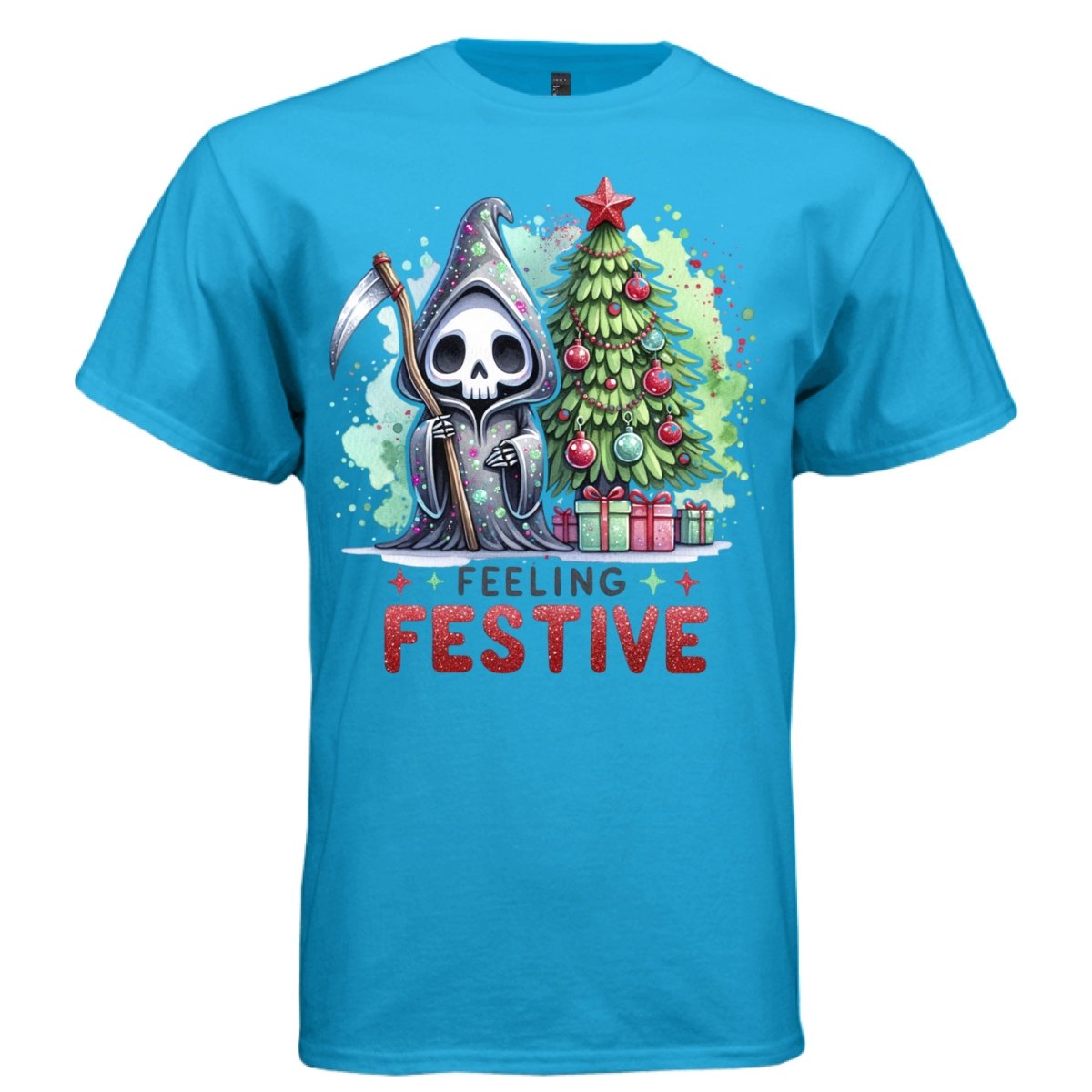FEELING FESTIVE graphic tee light steel front, cute reaper christmas tree tee Project Hood