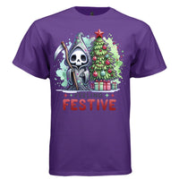 FEELING FESTIVE graphic tee black front, cute goth reaper christmas tree tee Project Hood