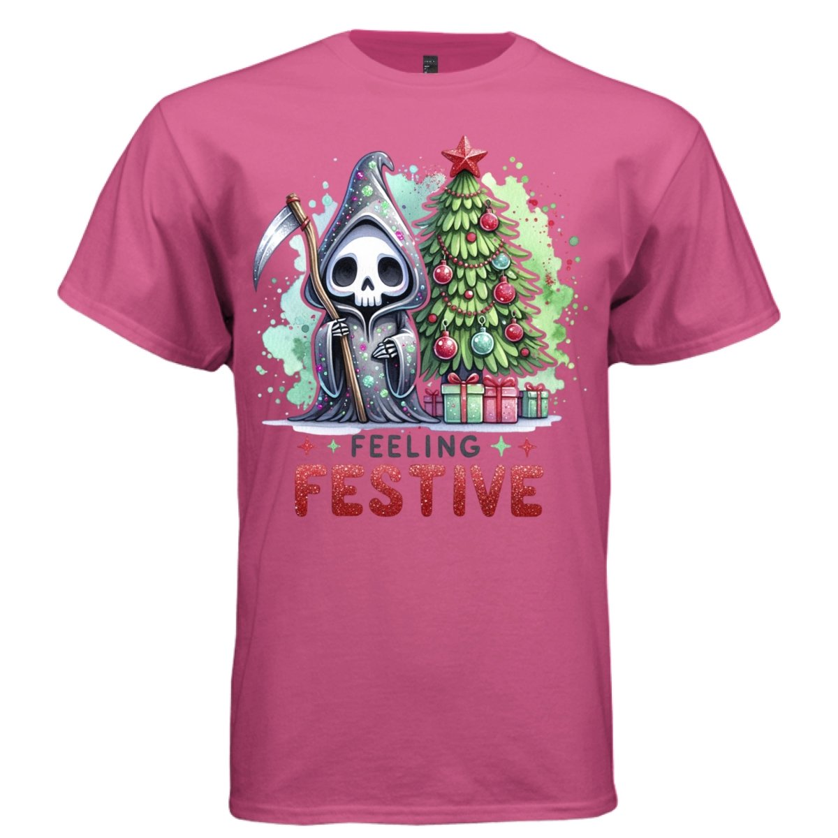 FEELING FESTIVE graphic tee white front, cute reaper christmas tree tee for women Project Hood