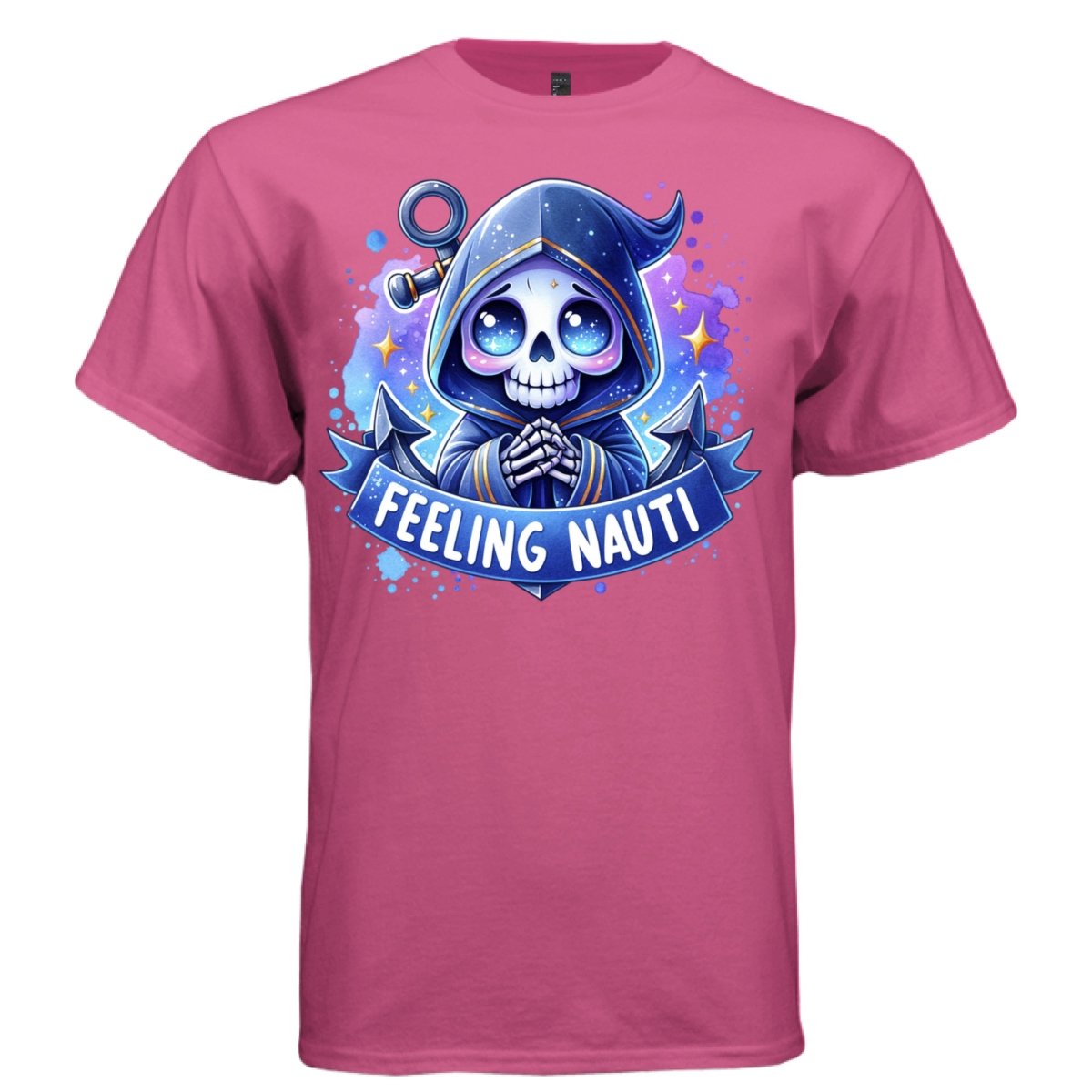 FEELING NAUTI graphic tee white front, cute reaper anchor and banner tee for women Project Hood