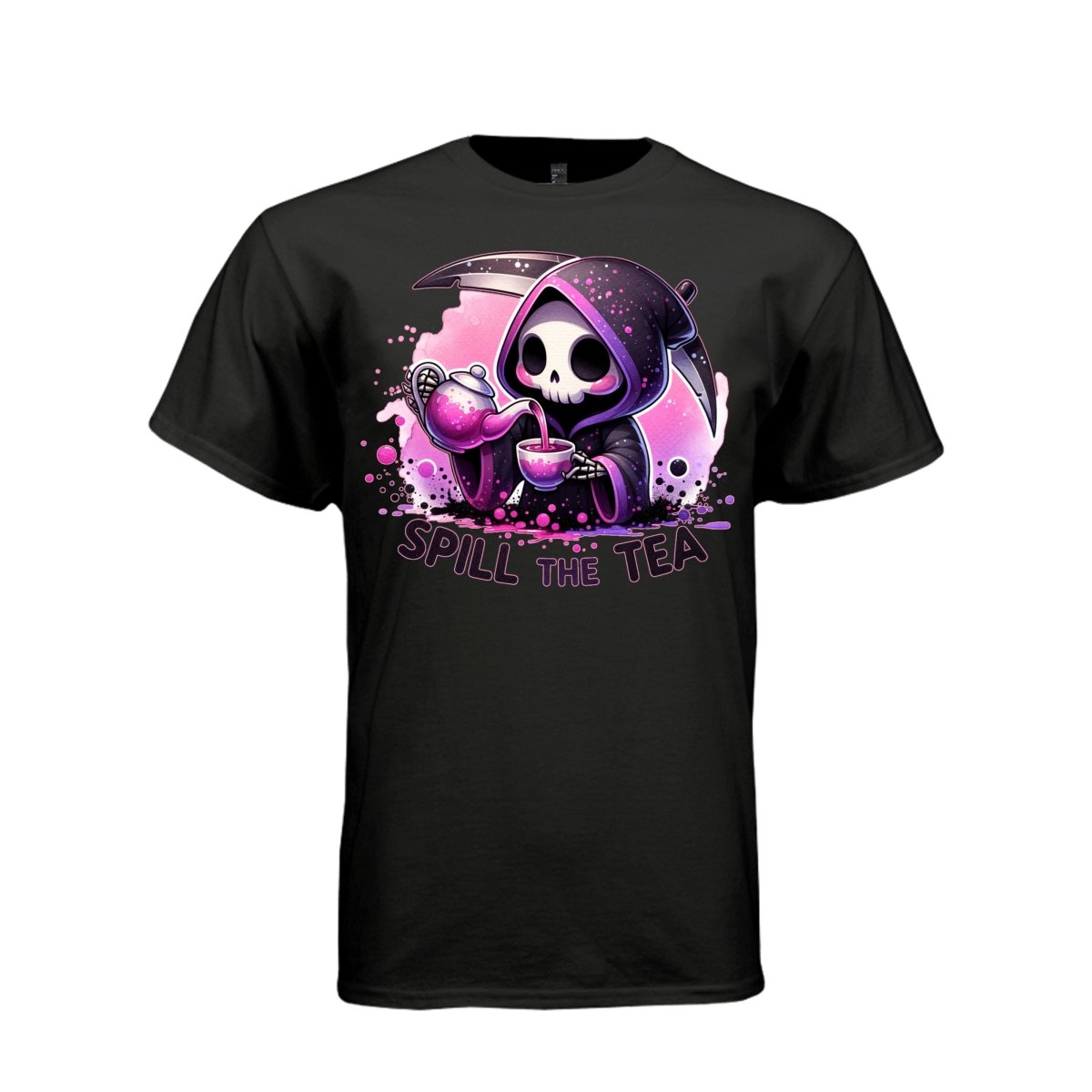 SPILL THE TEA tee in black, front, cute reaper teapot graphic tee for her, soft cotton - Project Hood