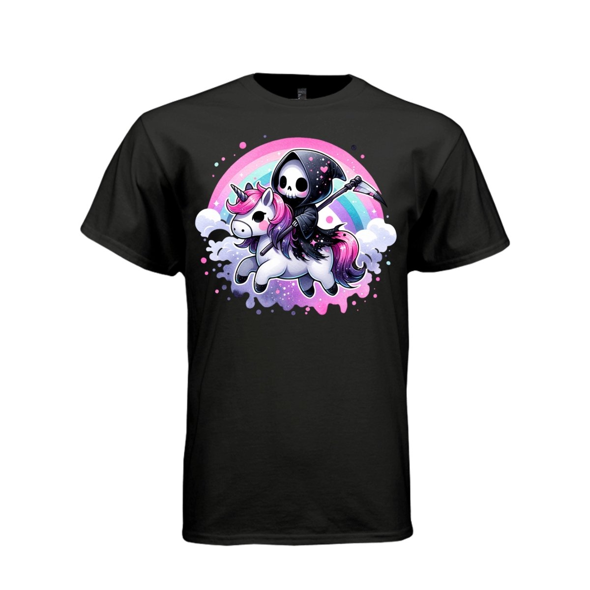 RAINBOW UNICORN REAPER tee in black, front, cute reaper pink unicorn graphic tee for her - Project Hood