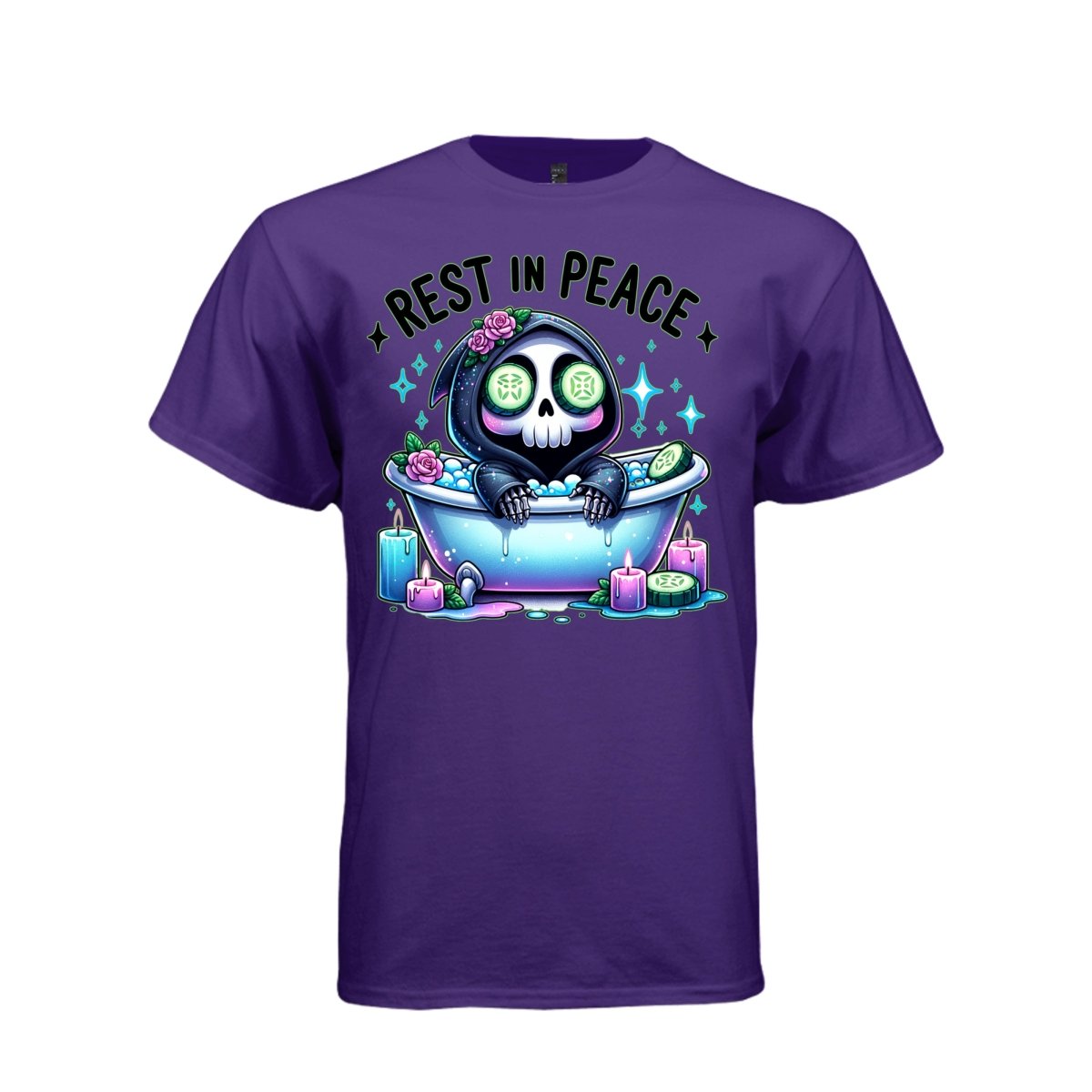 REST IN PEACE tee in purple, front, kawaii goth reaper spa bath graphic tee for women - Project Hood
