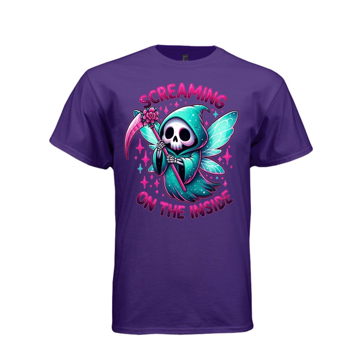 SCREAMING ON THE INSIDE tee in purple, front, kawaii goth reaper fairy reaper graphic tee for women - Project Hood