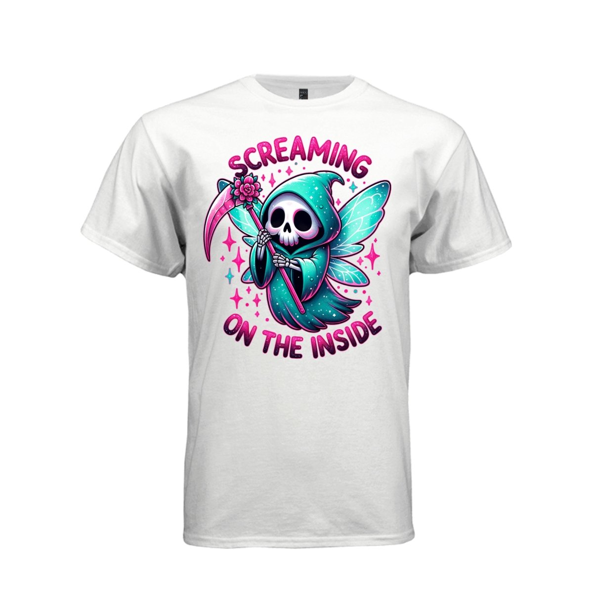 SCREAMING ON THE INSIDE tee in white, front, pastel goth reaper fairy reaper graphic shirt for women - Project Hood