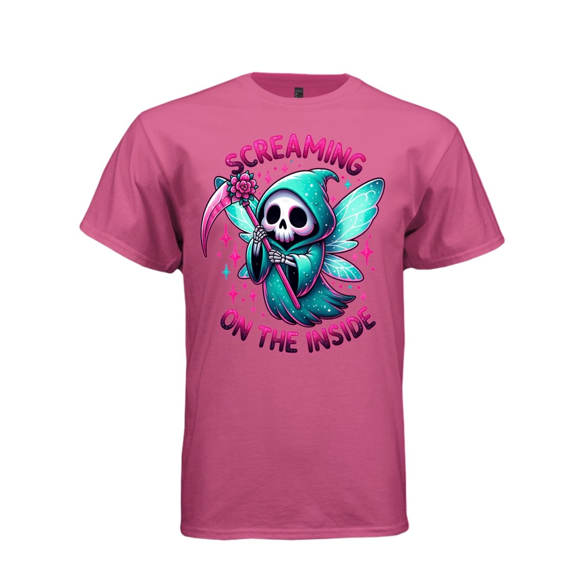 SCREAMING ON THE INSIDE tee in wow pink, front, cute spooky reaper fairy reaper graphic tee for her - Project Hood
