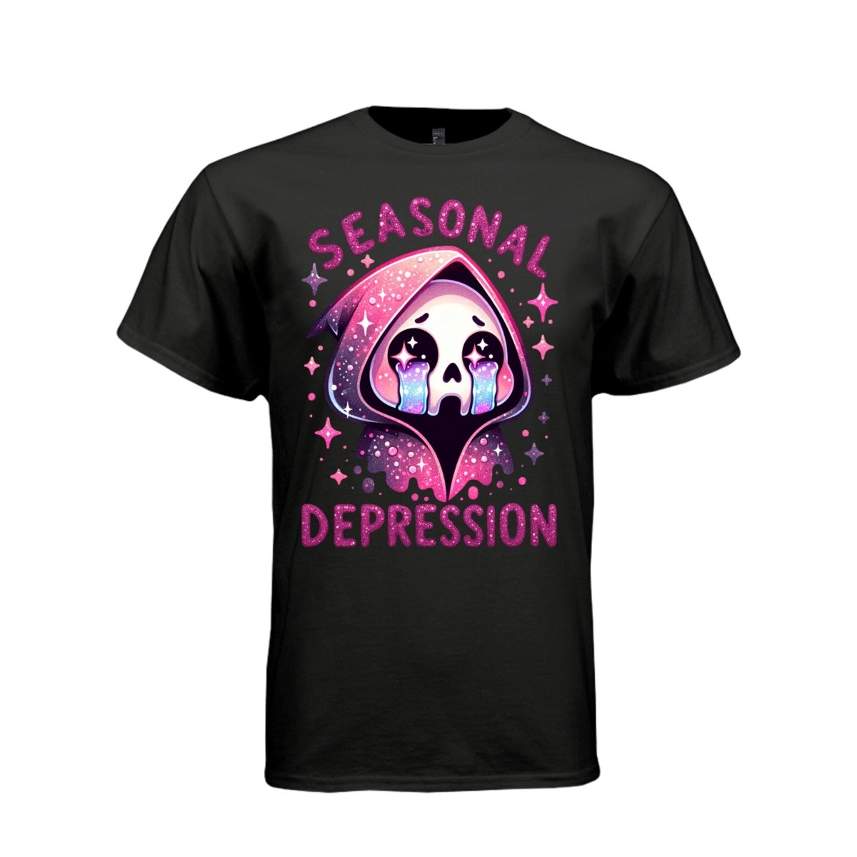 SEASONAL DEPRESSION tee in black, front, cute reaper crying reaper graphic tee for her - Project Hood