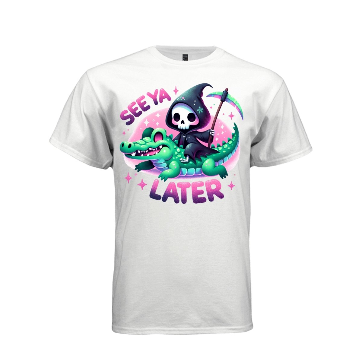 SEE YA LATER tee in white, front, pastel goth reaper alligator graphic shirt for women - Project Hood