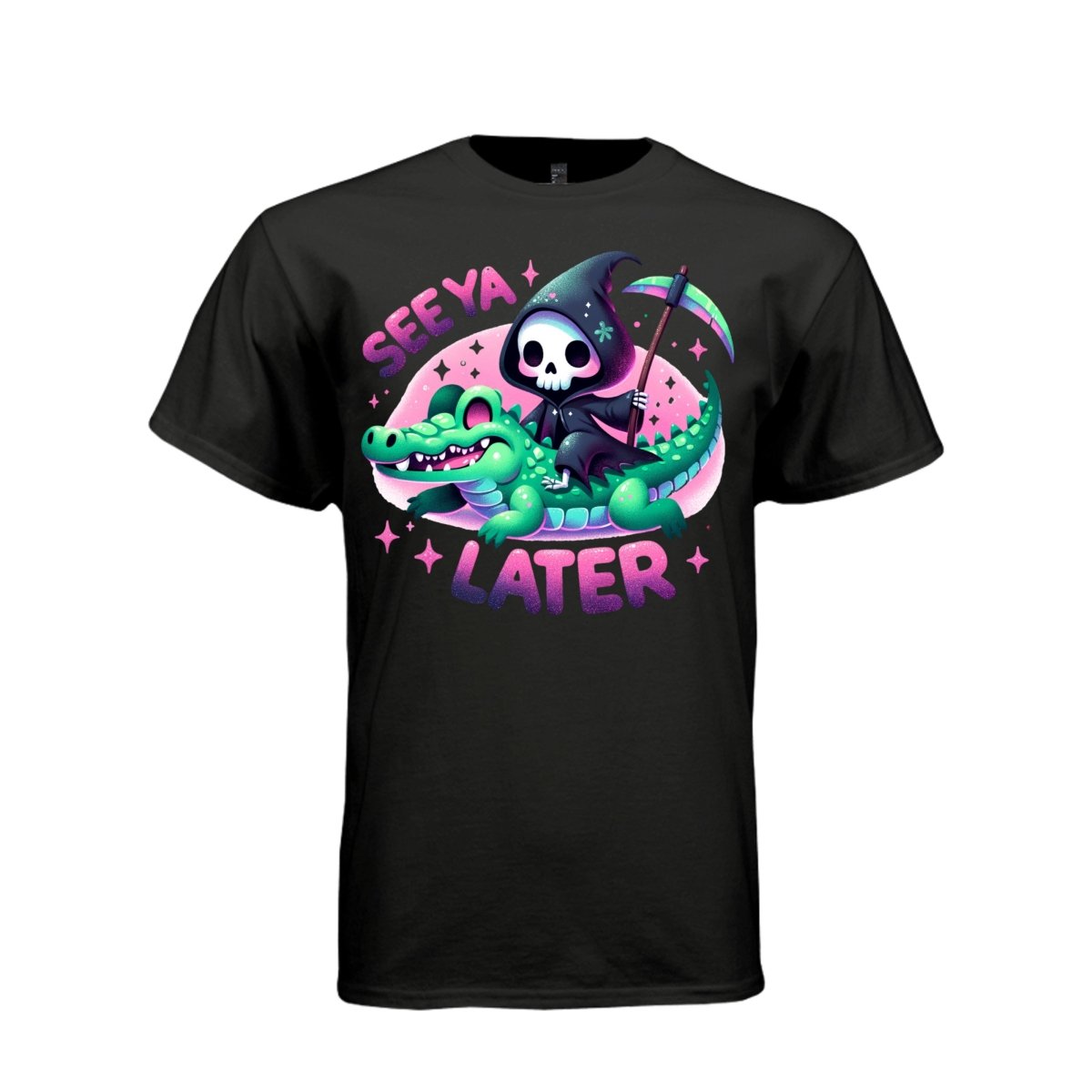 SEE YA LATER tee in black, front, cute reaper alligator graphic tee for her - Project Hood
