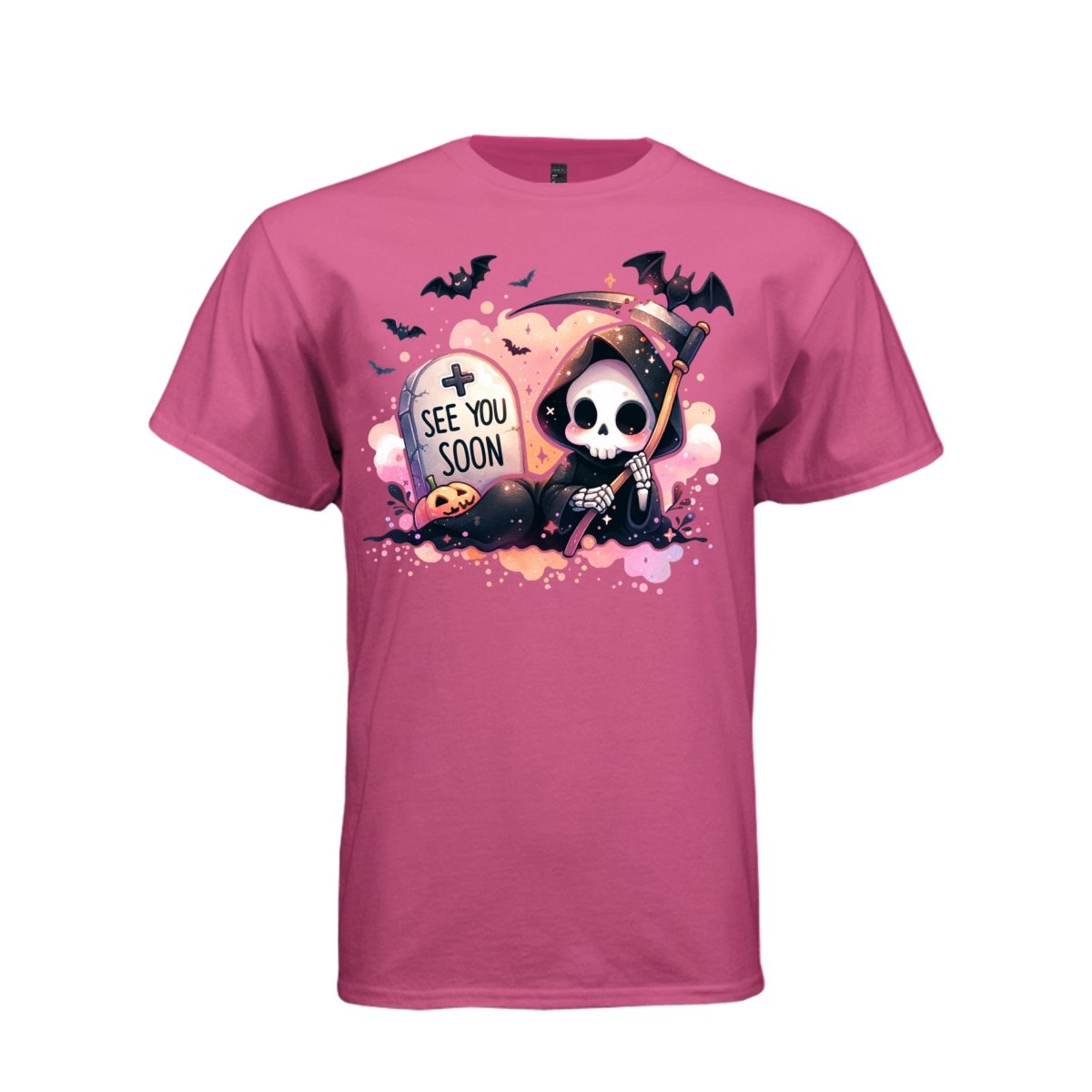 SEE YOU SOON tee in wow pink, front, cute spooky reaper tombstone graphic tee for her - Project Hood