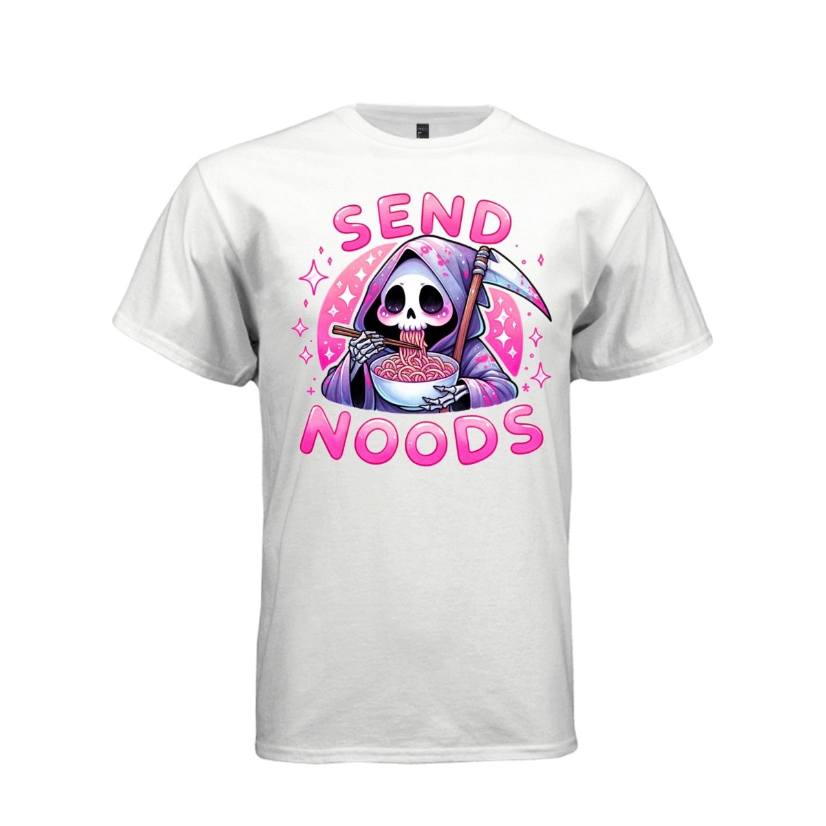 SEND NOODS tee in white, front, pastel goth reaper ramen noodles graphic shirt for women - Project Hood