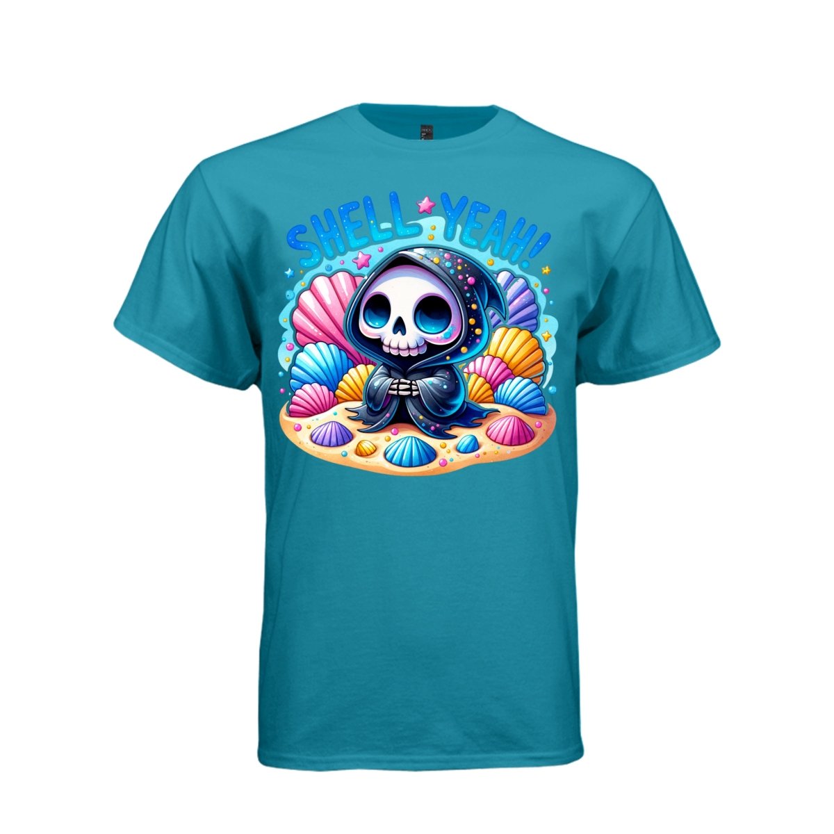 SHELL YEAH tee in teal, front, creepy cute reaper seashell graphic tee for her - Project Hood