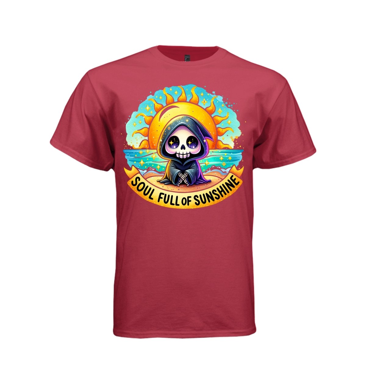 SOUL FULL OF SUNSHINE tee in athletic red, front, cute pastel goth reaper beach sunset graphic tee for women - Project Hood