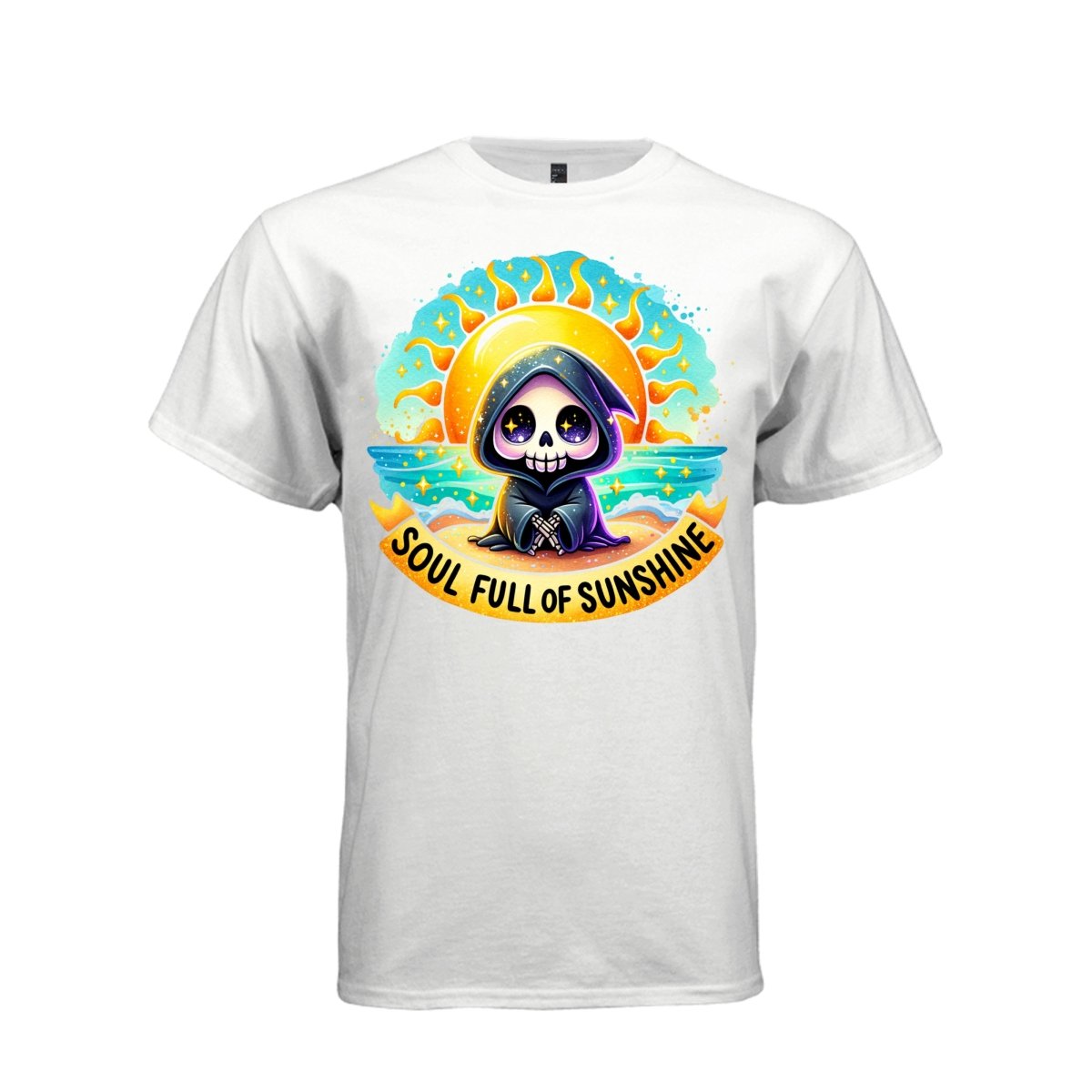 SOUL FULL OF SUNSHINE tee in white, front, pastel goth reaper beach sunset graphic shirt for women - Project Hood