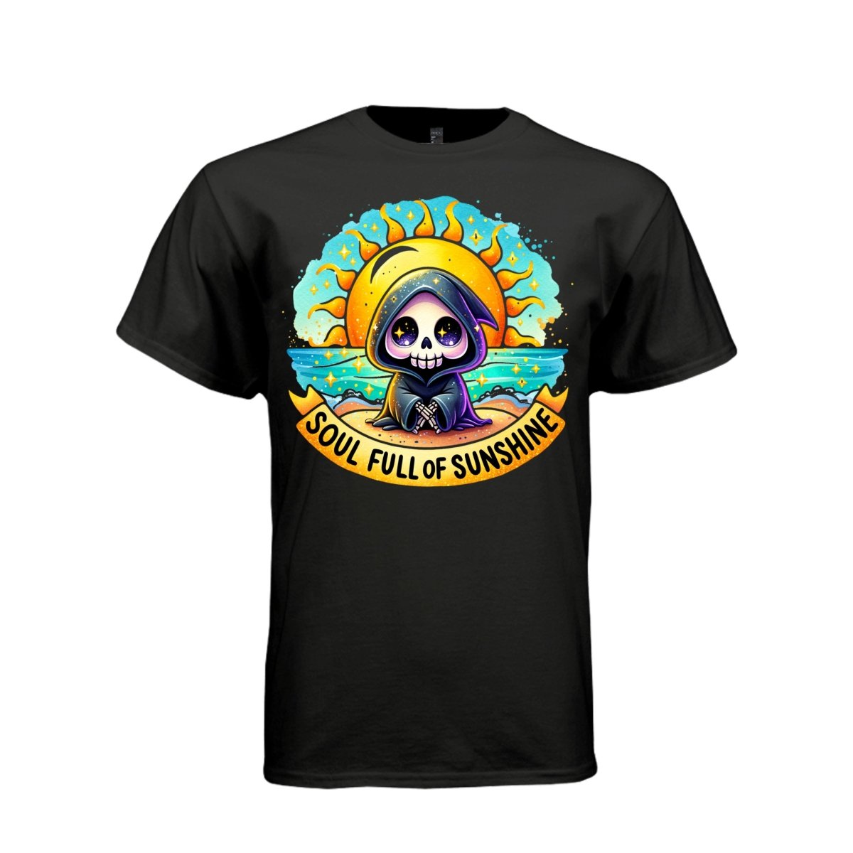 SOUL FULL OF SUNSHINE tee in black, front, cute reaper beach sunset graphic tee for her - Project Hood