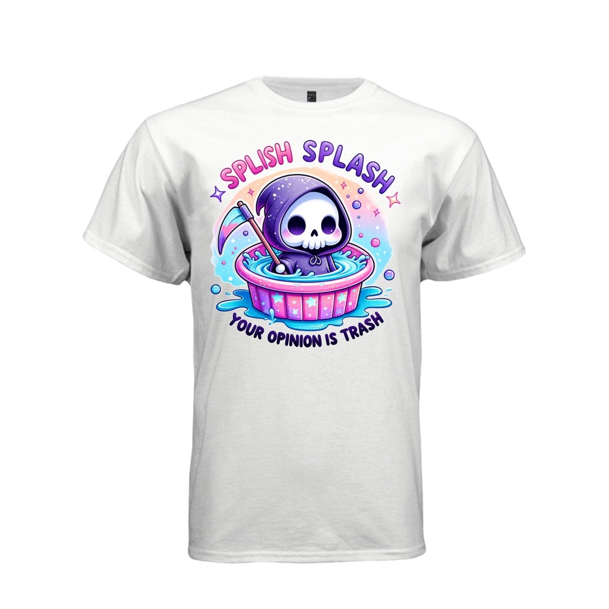 SPLISH SPLASH YOUR OPINION IS TRASH tee in white, front, pastel goth reaper kiddie pool graphic shirt - Project Hood