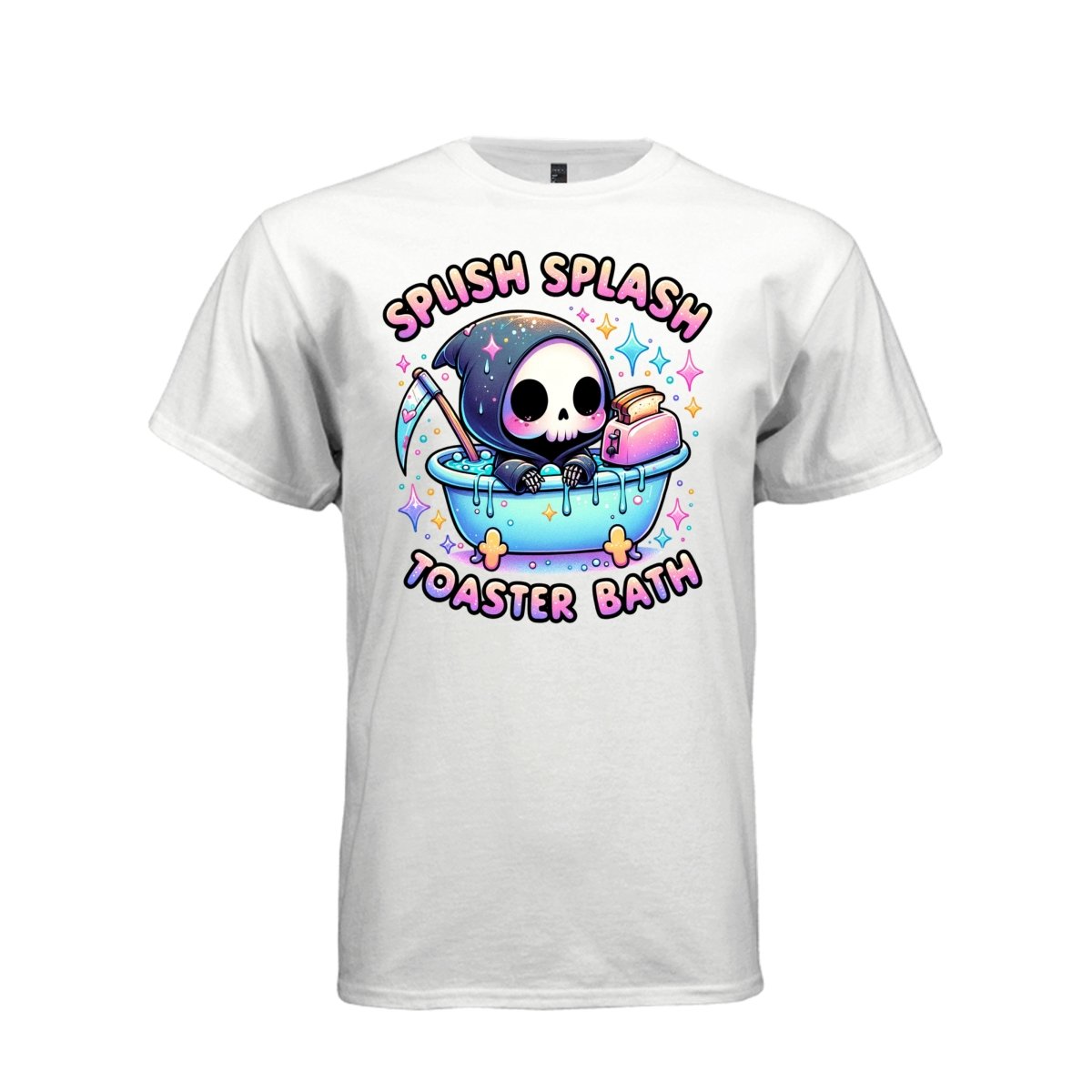 SPLISH SPLASH TOASTER BATH tee in white, front, pastel goth reaper pink toaster graphic shirt for women - Project Hood