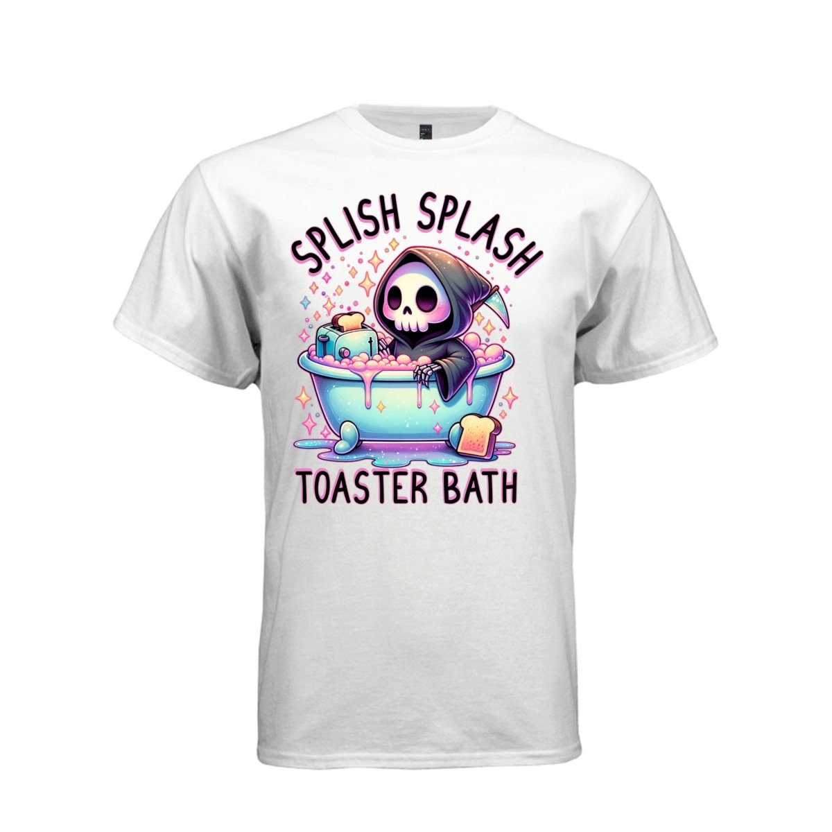 SPLISH SPLASH TOASTER BATH tee in white, front, pastel goth reaper teal bathtub graphic shirt for women - Project Hood