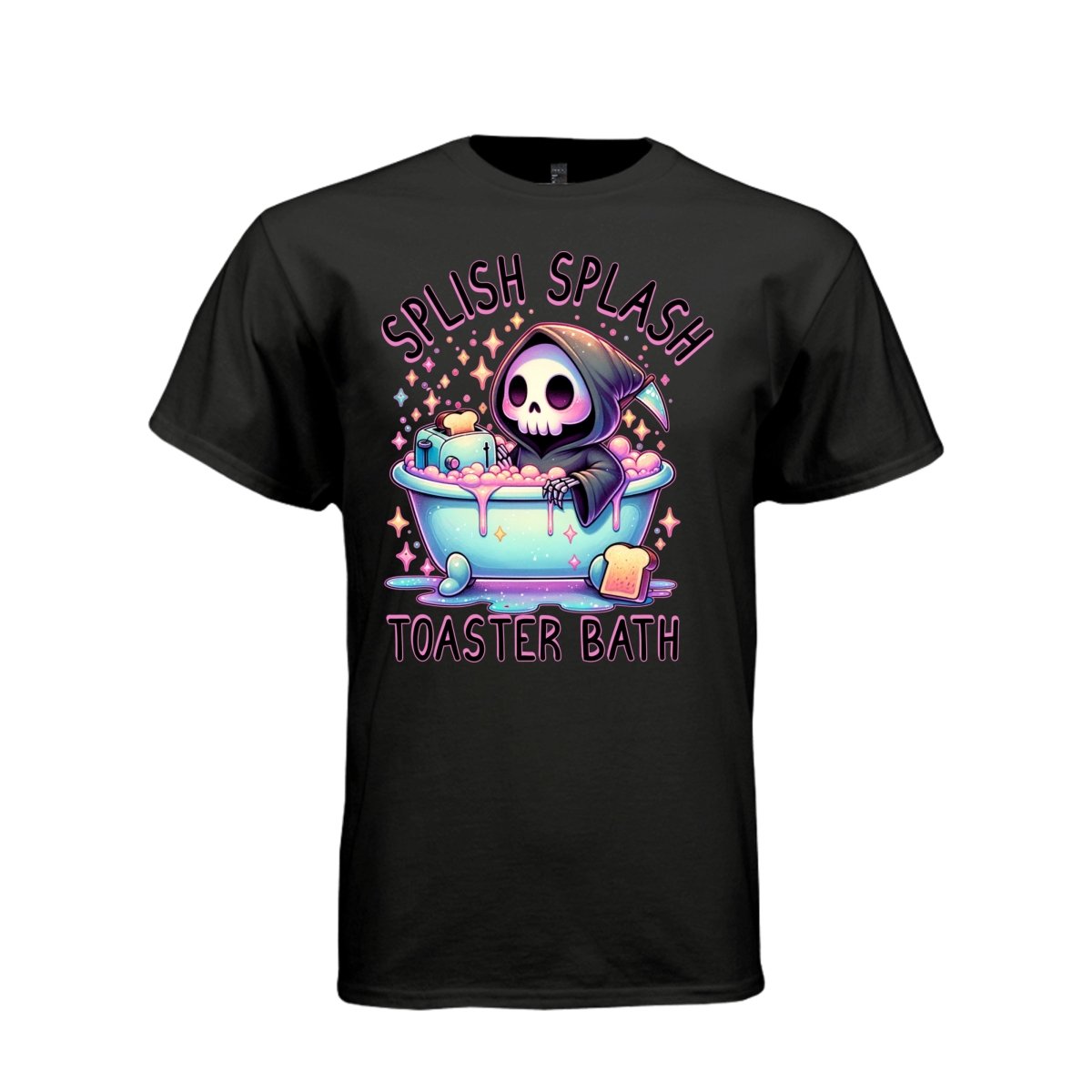 SPLISH SPLASH TOASTER BATH tee in black, front, cute reaper teal bathtub graphic tee for her - Project Hood