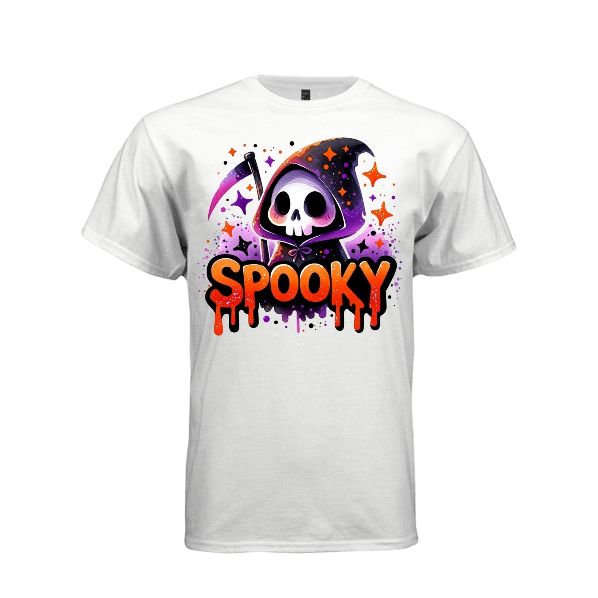 SPOOKY tee in white, front, pastel goth reaper orange drip graphic shirt for women - Project Hood