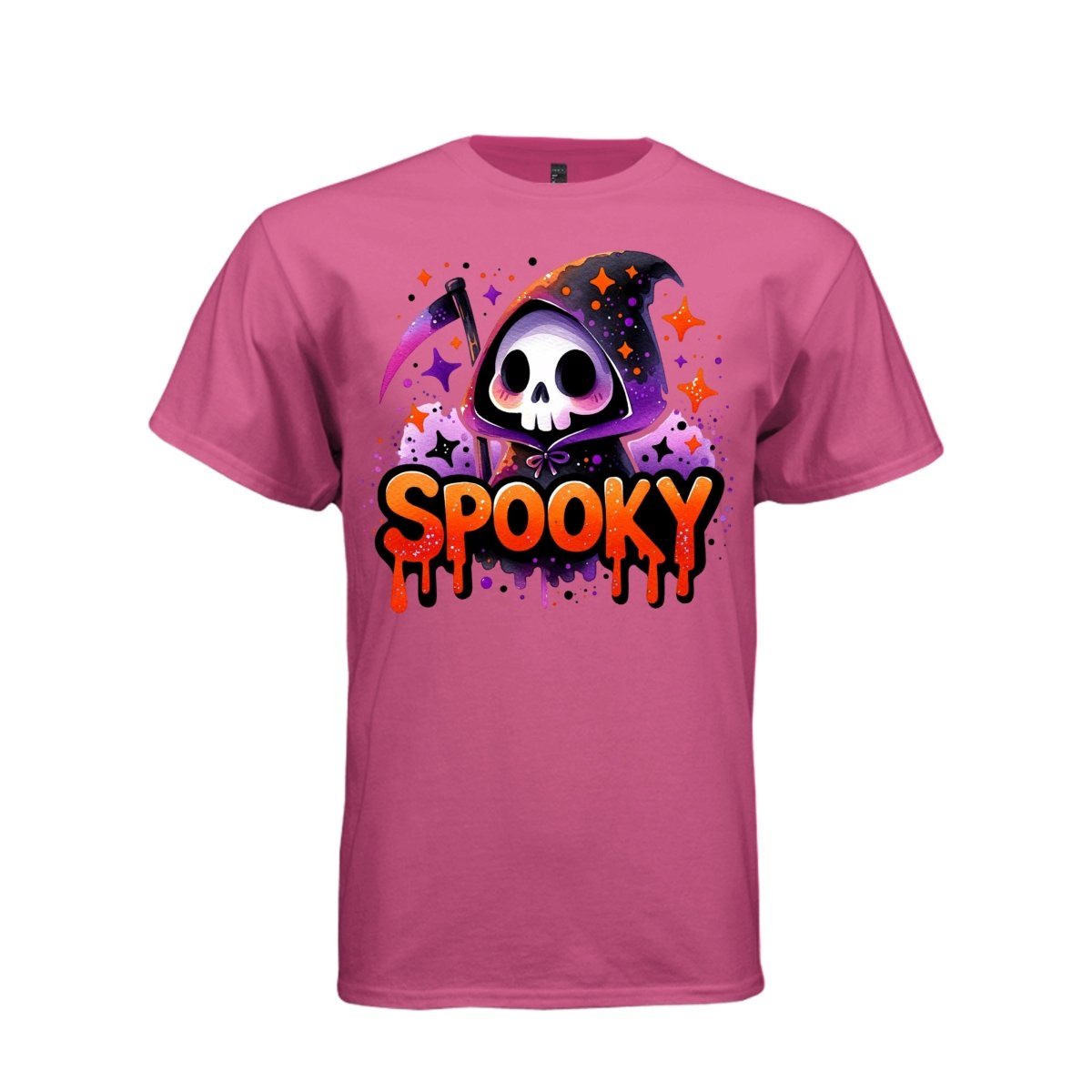 SPOOKY tee in wow pink, front, cute spooky reaper orange drip graphic tee for her - Project Hood