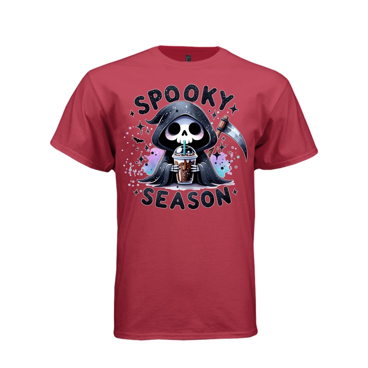 SPOOKY SEASON tee in athletic red, front, cute pastel goth reaper iced coffee graphic tee for women - Project Hood