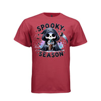 SPOOKY SEASON tee in athletic red, front, cute pastel goth reaper iced coffee graphic tee for women - Project Hood