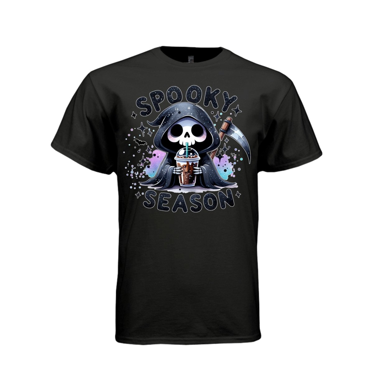 SPOOKY SEASON tee in black, front, cute reaper iced coffee graphic tee for her - Project Hood