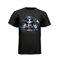 SPOOKY SEASON tee in black, front, cute reaper iced coffee graphic tee for her - Project Hood