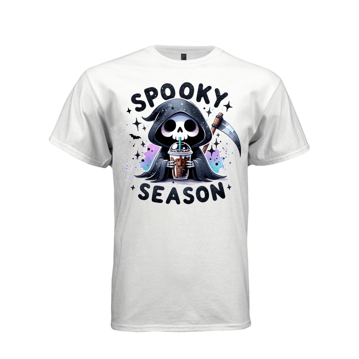 SPOOKY SEASON tee in white, front, pastel goth reaper iced coffee graphic shirt for women - Project Hood