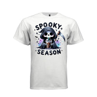SPOOKY SEASON tee in white, front, pastel goth reaper iced coffee graphic shirt for women - Project Hood