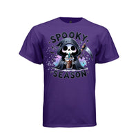 SPOOKY SEASON tee in purple, front, kawaii goth reaper iced coffee graphic tee for women - Project Hood